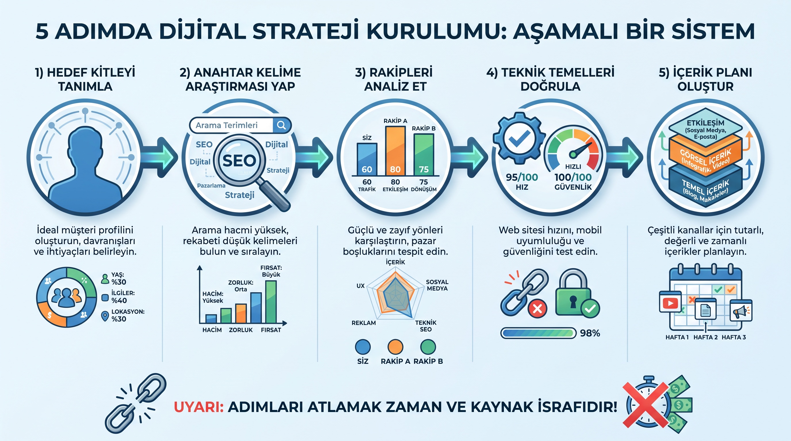 Dijital pazarlama başarısı için hedef kitle tanımından içerik planına uzanan beş sıralı adım.