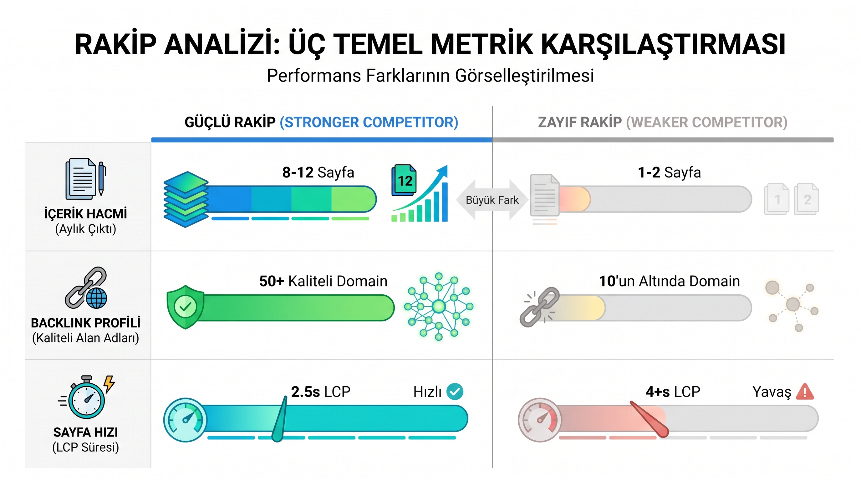 Rakip analizi tablosu: içerik hacmi, dış bağlantı profili ve sayfa hızı metriklerinin görsel karşılaştırması ve…