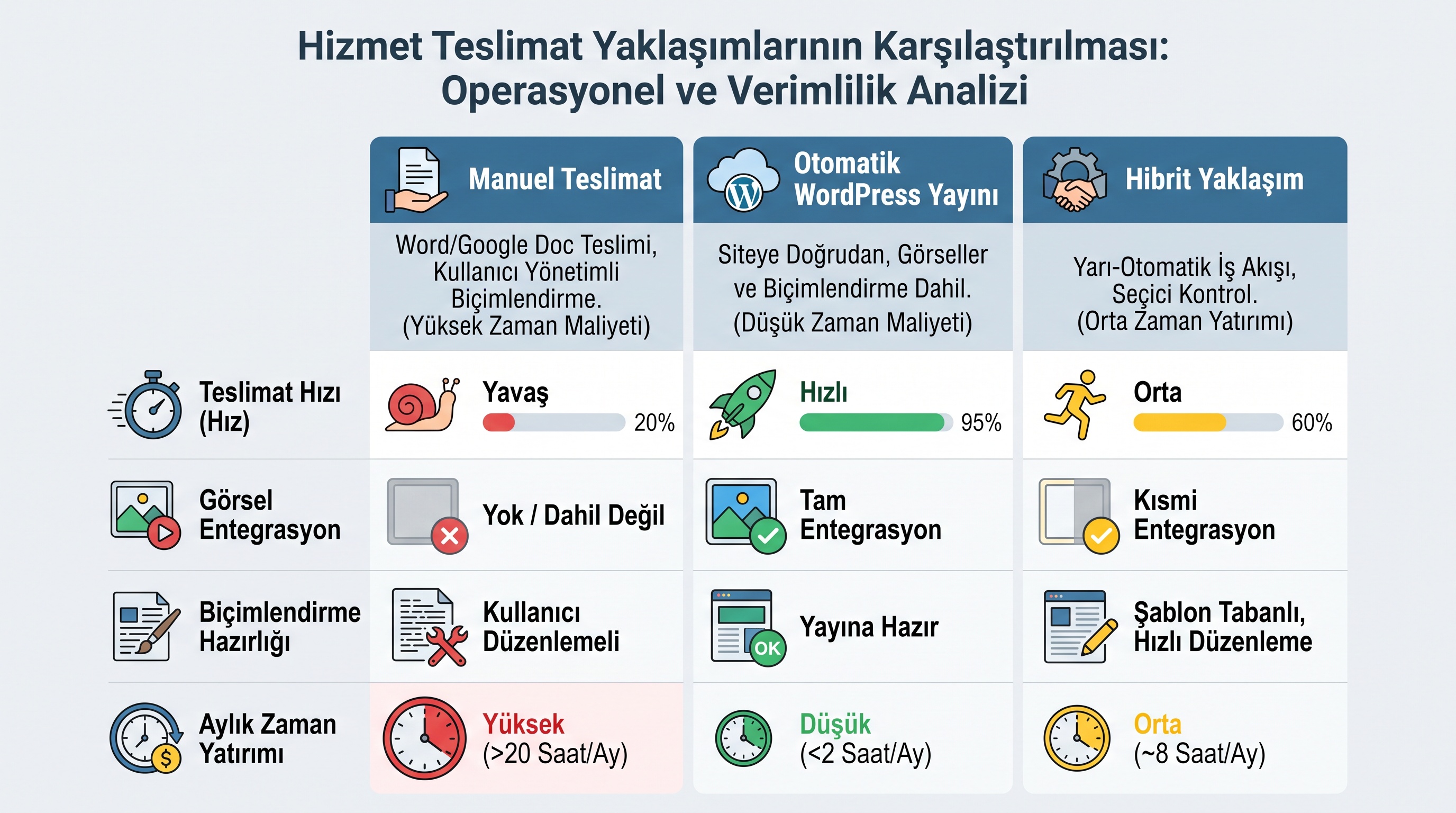 Manuel teslimat ile otomatik WordPress yayını arasındaki zaman, pratiklik ve maliyet farklarını gösteren karşılaştırma…