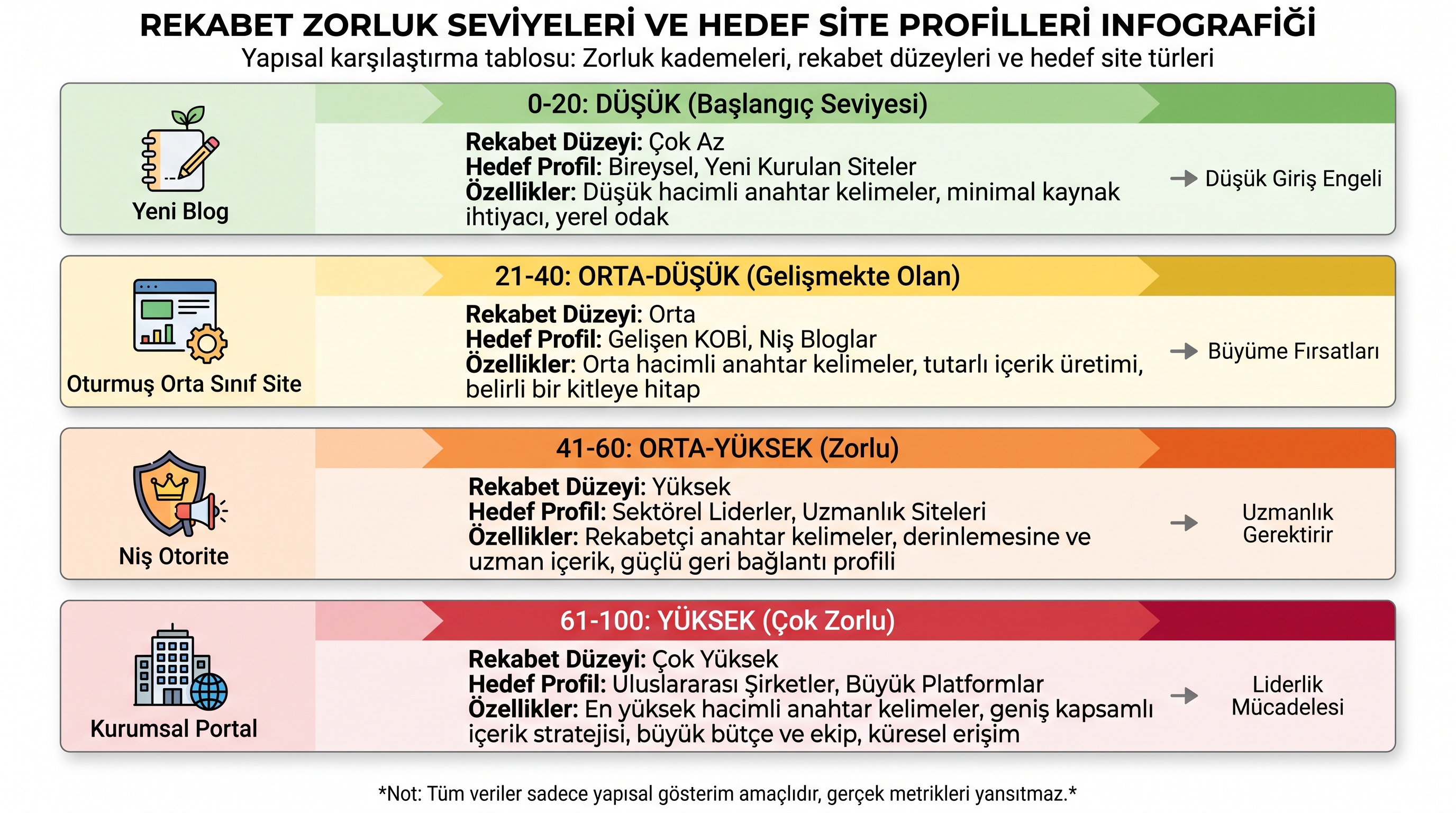 Zorluk skoru seviyeleri, rekabet düzeyi ve hedef site türlerini gösteren karşılaştırma tablosu.