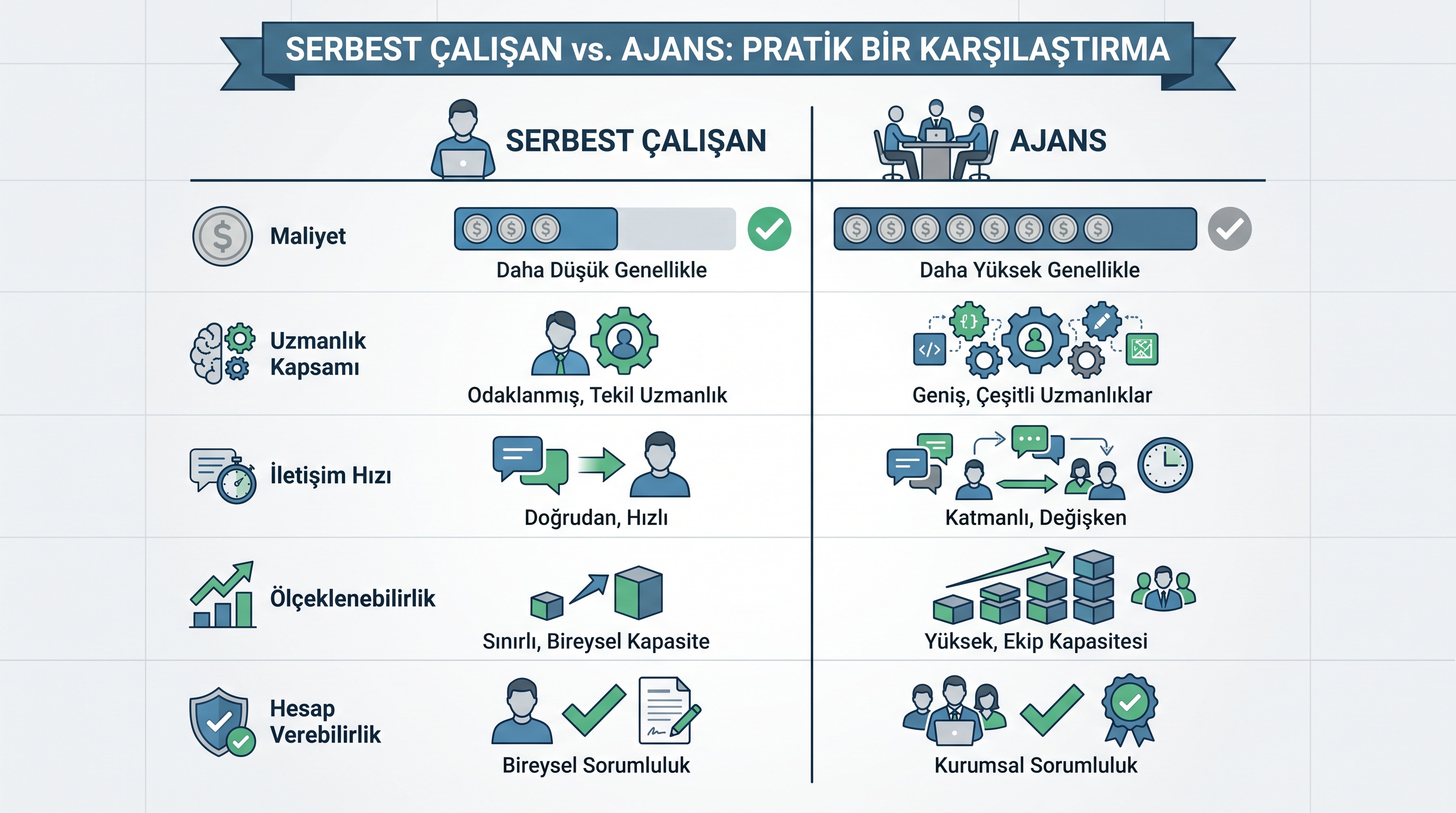 Freelancer ve ajans arasındaki temel farklar (maliyet, uzmanlık, iletişim, ölçeklenebilirlik, sorumluluk) görsel…