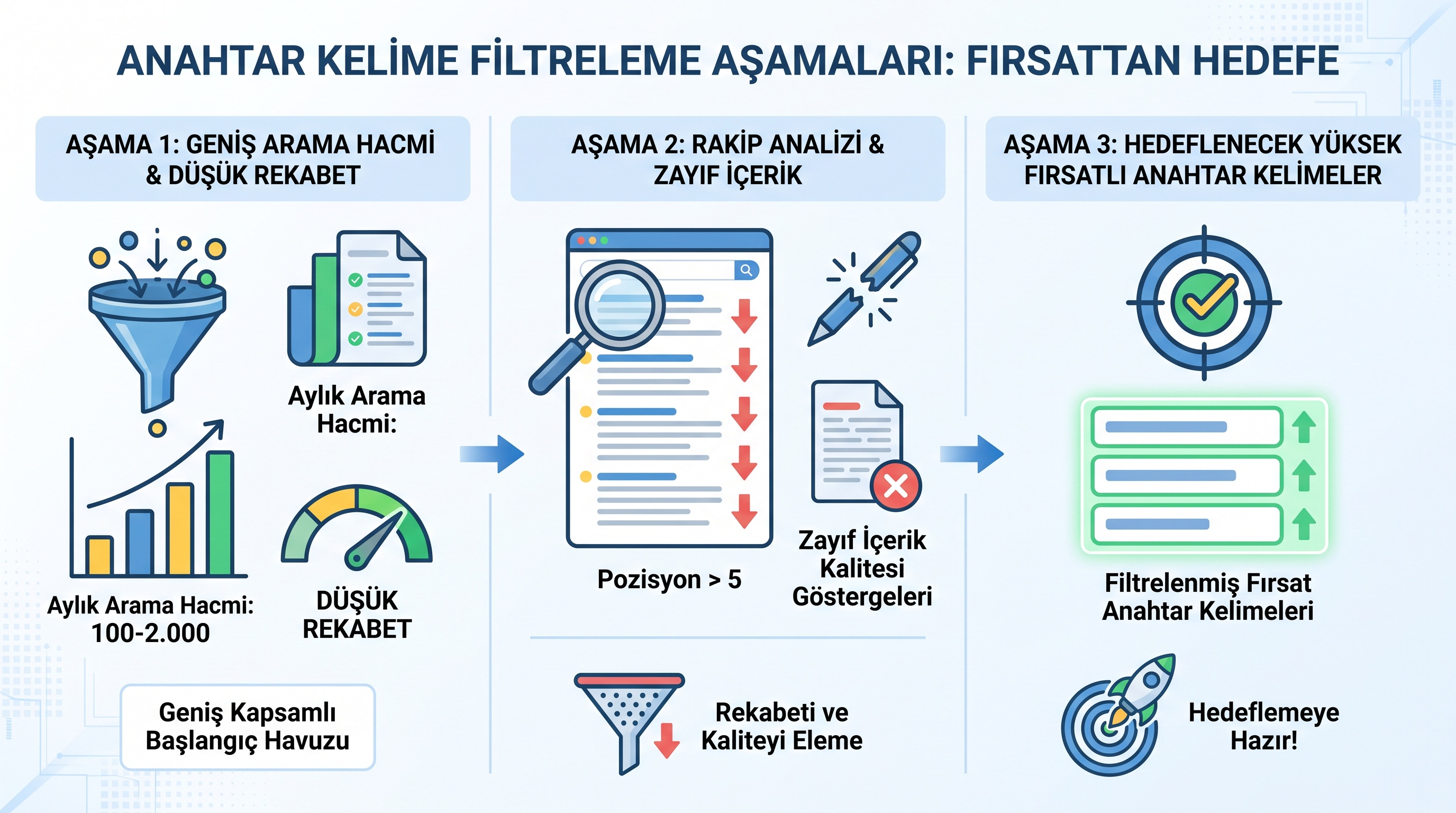 Düşük rekabetli anahtar kelime bulmanın üç filtreleme aşamasını gösteren veri görselleştirmesi.