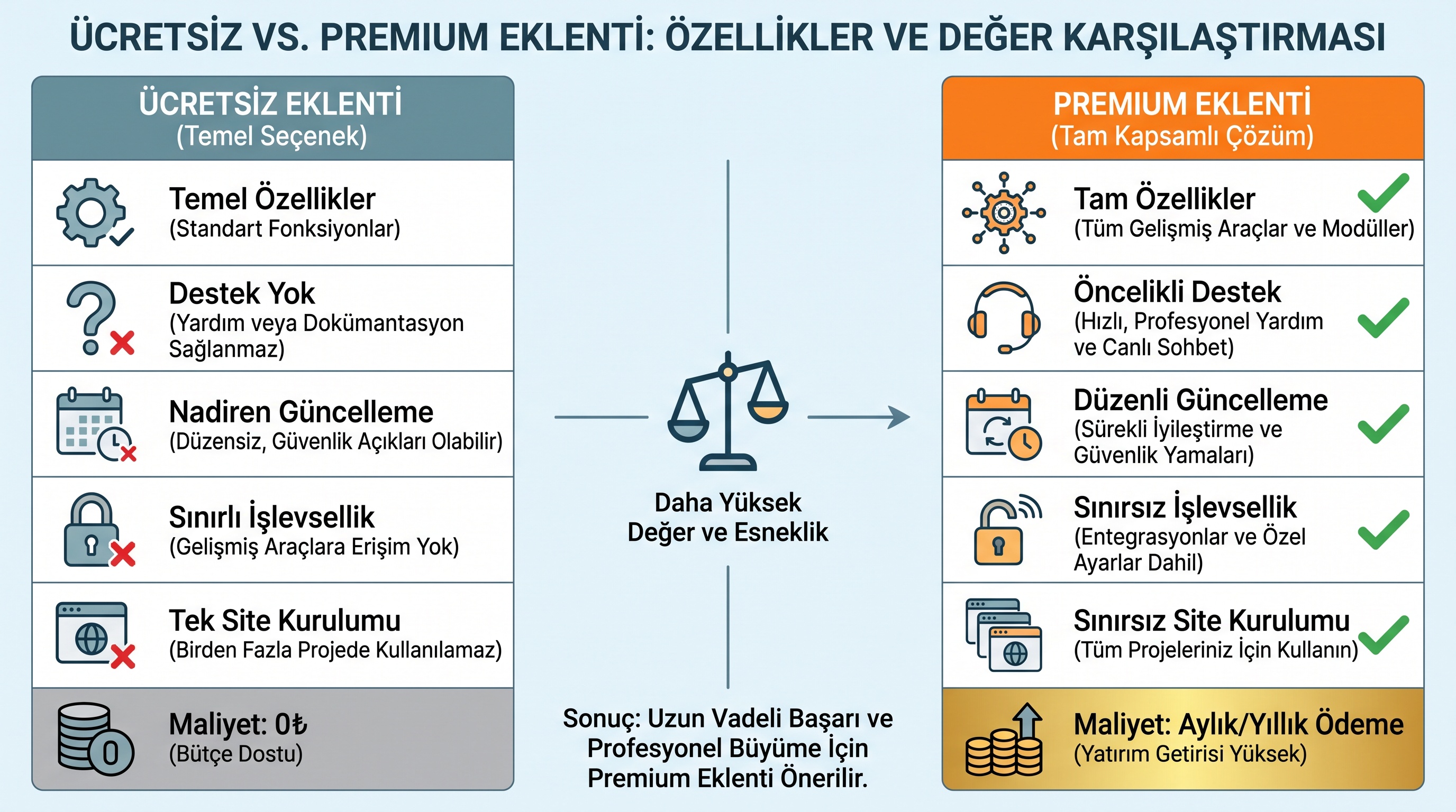 Ücretsiz ve ücretli WordPress eklentileri arasındaki özellik ve destek farklarını gösteren karşılaştırma.