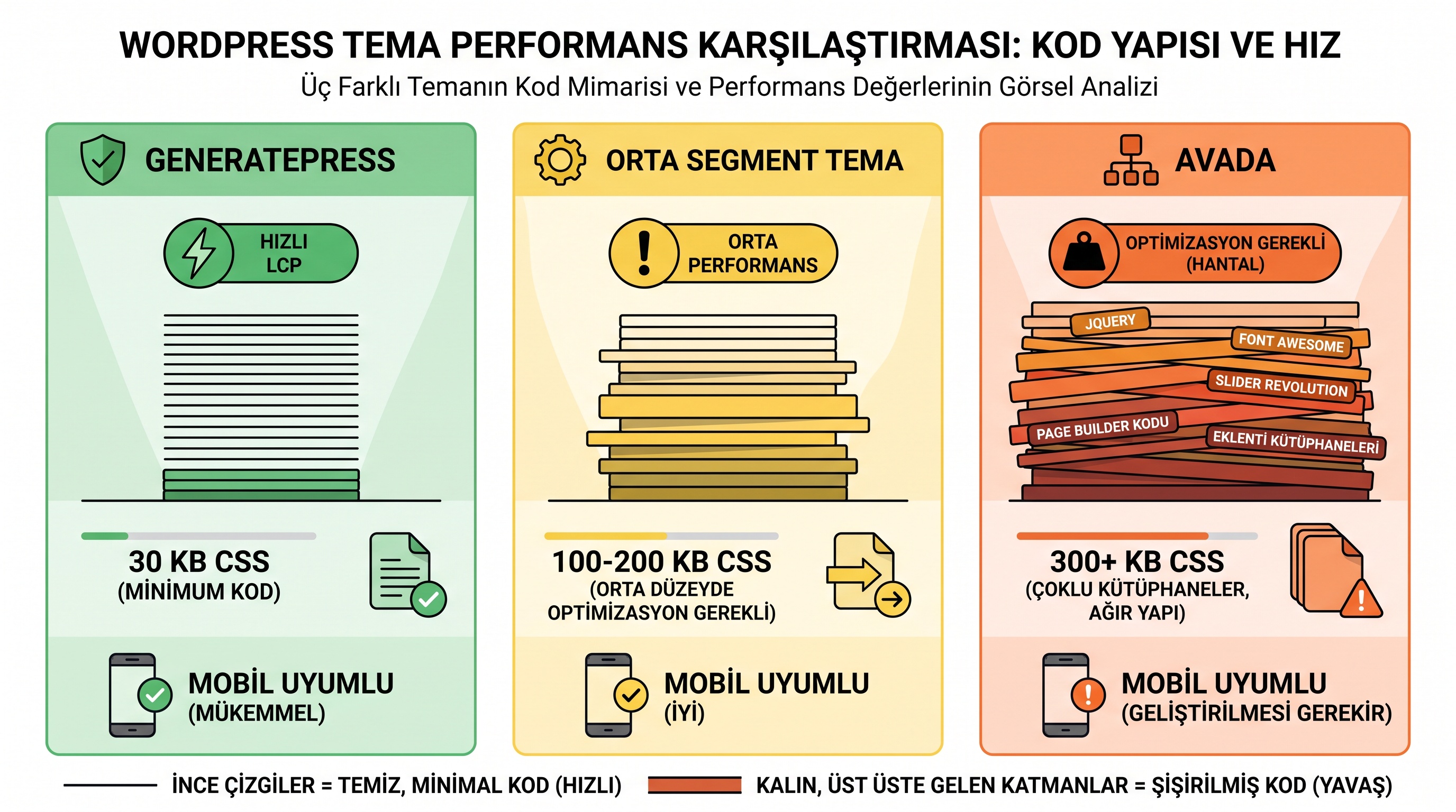 WordPress temalarının dosya boyutu, yükleme hızı ve mobil uyumluluk parametrelerine göre performans karşılaştırması.