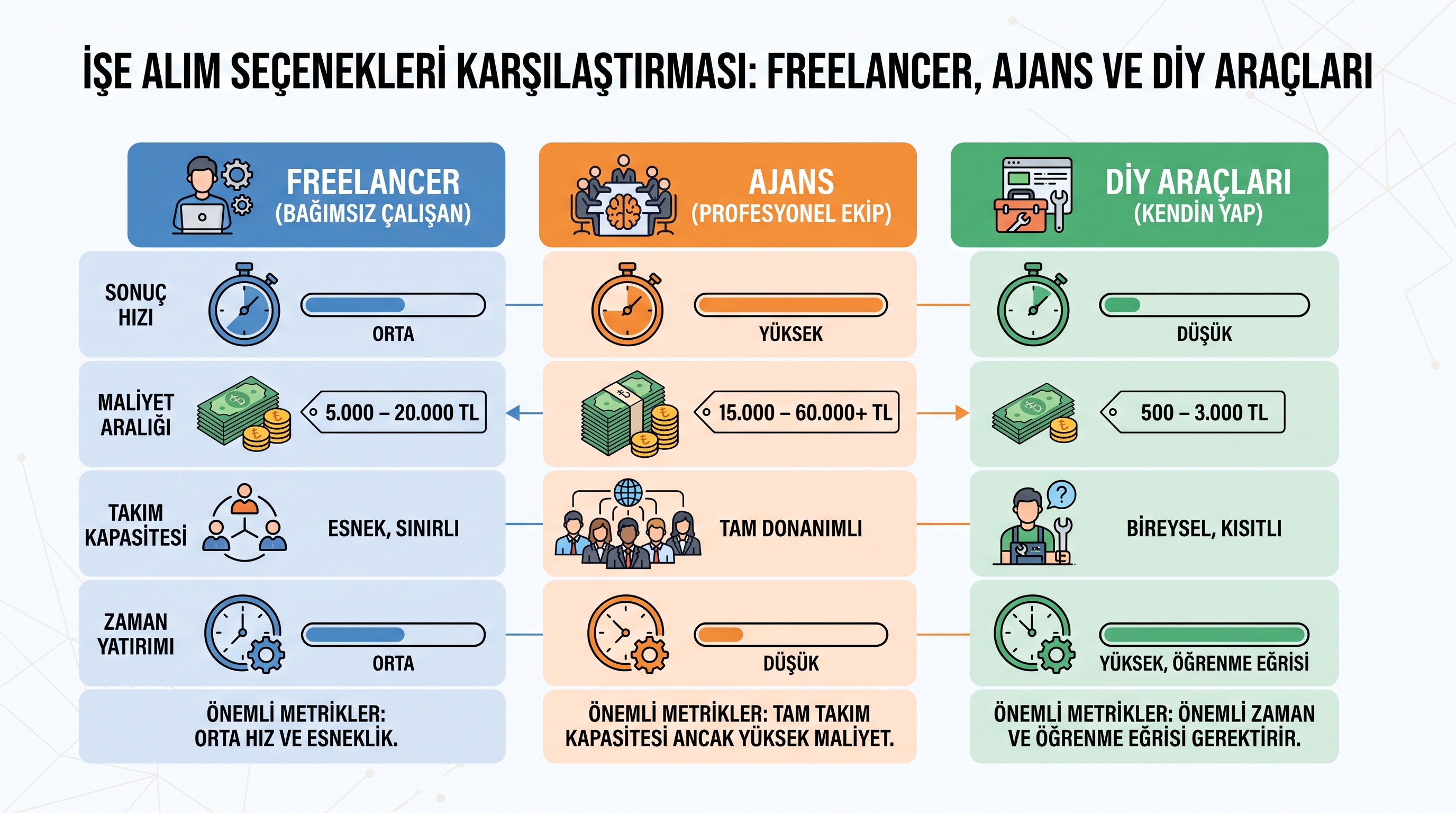 Üç seçeneğin maliyet, hız, kapasite ve zaman yükü karşılaştırması: serbest uzman, ajans ve kendi kendinize yapma.