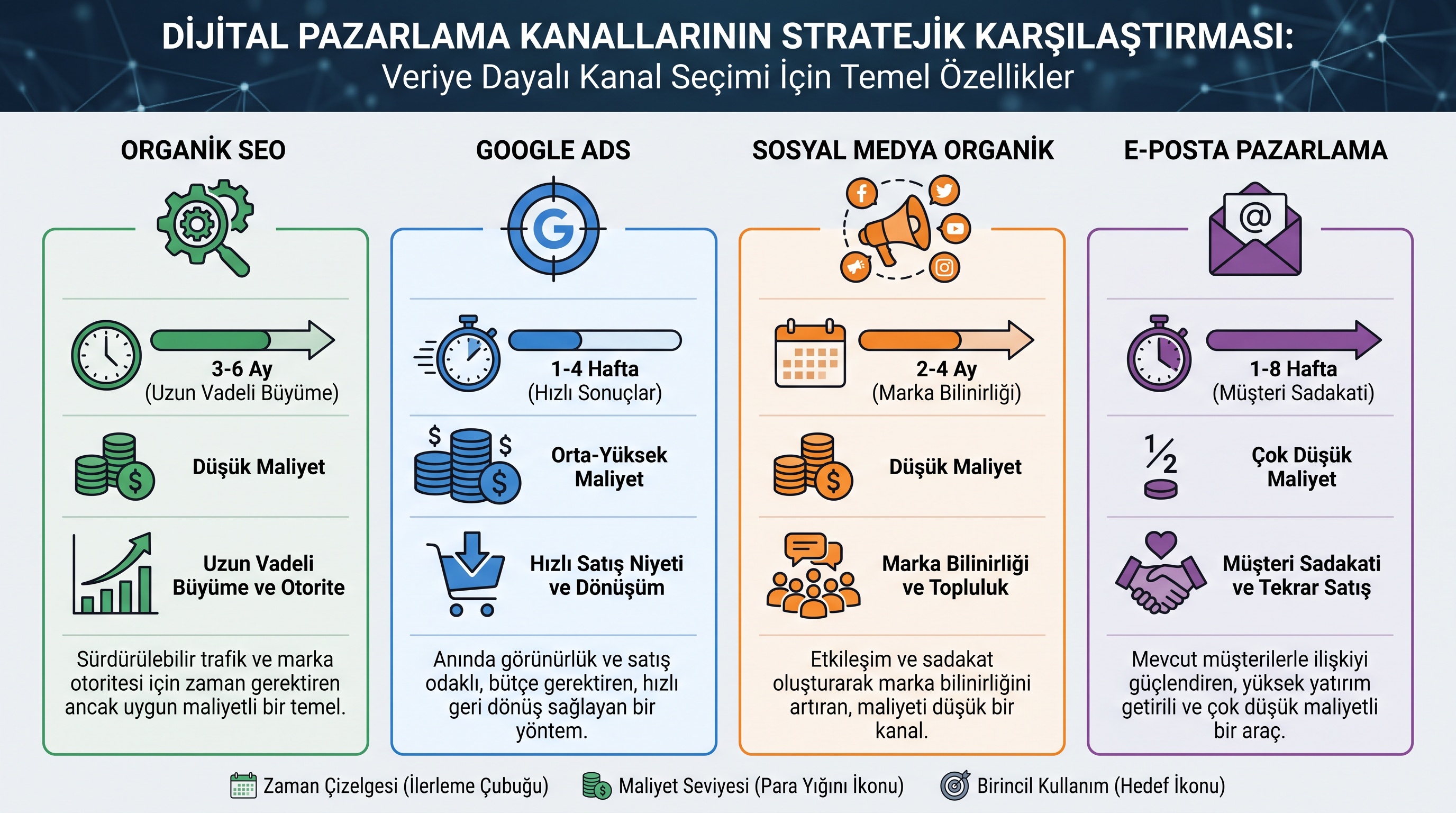 Dört dijital pazarlama kanalının sonuç süresi, maliyeti ve kullanım durumlarının karşılaştırması.