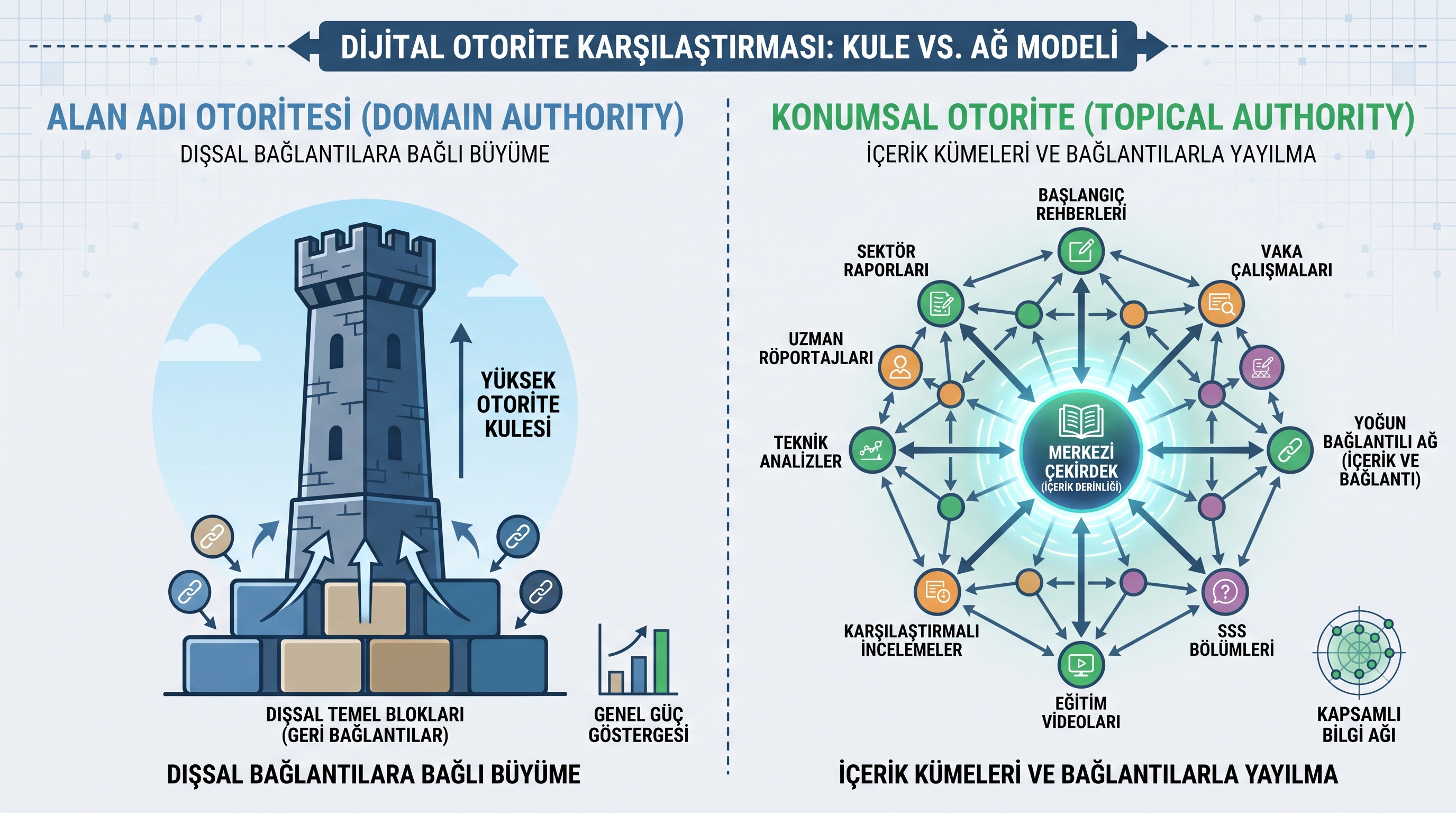 Domain Authority'nin izole bir yapı ile Topical Authority'nin birbirine bağlı içerik ağının karşılaştırılması.