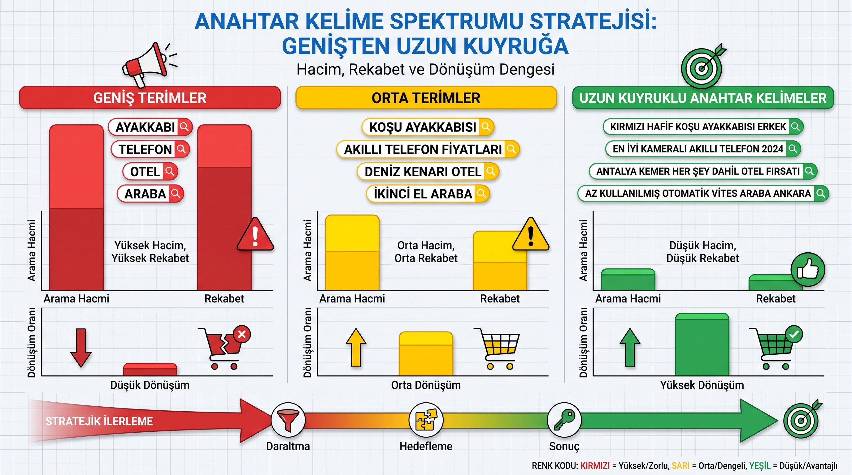 Arama hacmi, rekabet ve dönüşüm potansiyeline göre geniş, orta ve uzun kuyruk kelimelerinin karşılaştırması.