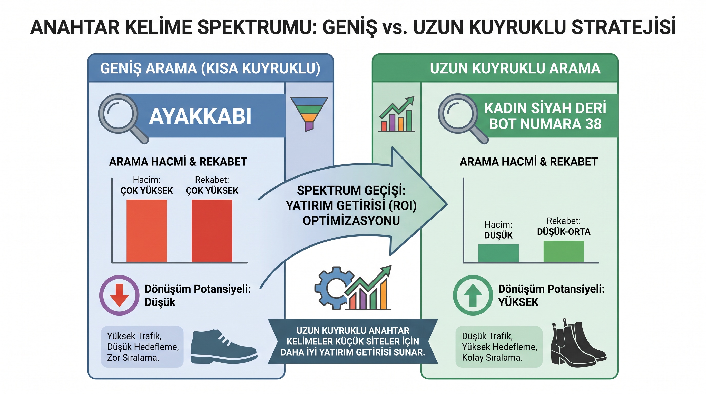 Kısa anahtar kelime ile uzun kuyruk sorgusu arasında hacim, rekabet ve niyet farkı gösteren infografik.