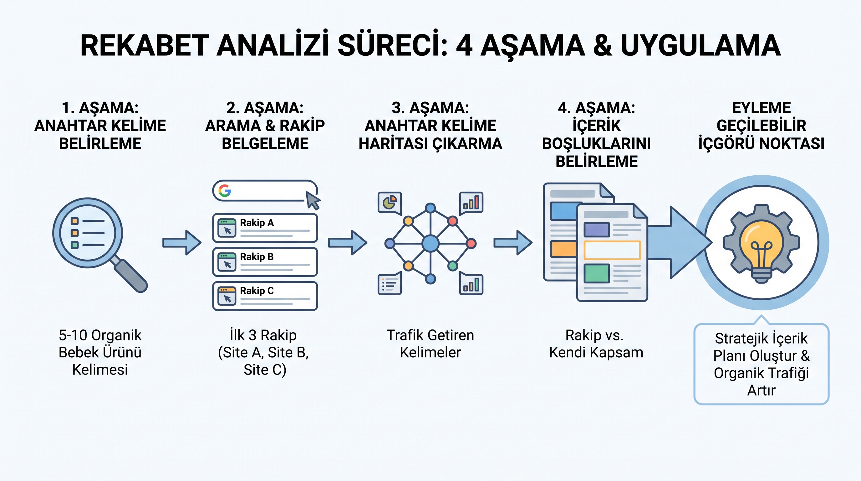 Rakip analizi sürecinin dört aşaması: anahtar kelime seçimi, rakip taraması, harita çıkarma ve boşluk tespit.