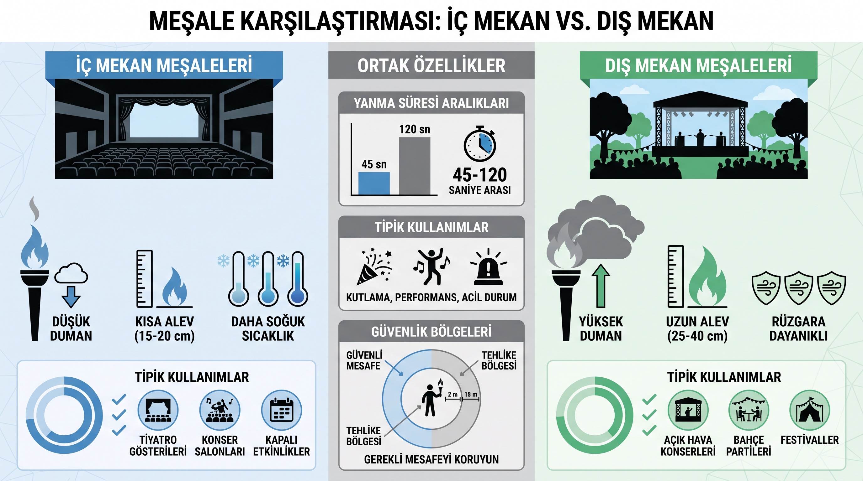 İç mekan ve dış mekan meşalelerinin duman yoğunluğu, alev boyu, yanma süresi ve kullanım farkları karşılaştırması.